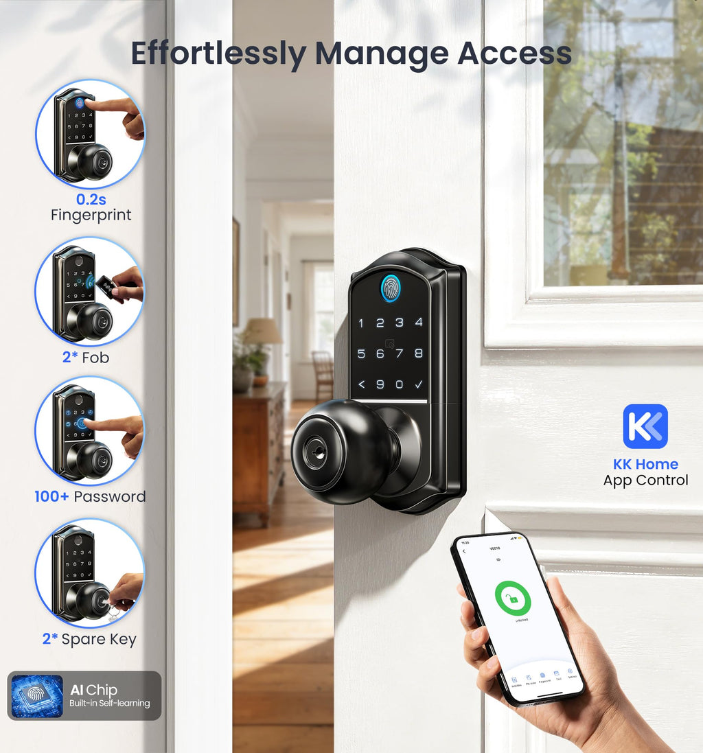 Fingerprint Smart Knob Handle Lock (App Control, Weatherproof)