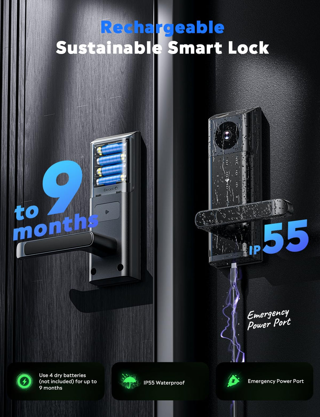 CAMCAMP WiFi Video Smart Lock with Camera & Doorbell, Keyless Entry Door Lock with Handle for Front Door, Five Ways to Unlock Fingerprint, App, Key, Fob, Keypad, Auto Lock, Easy to Install