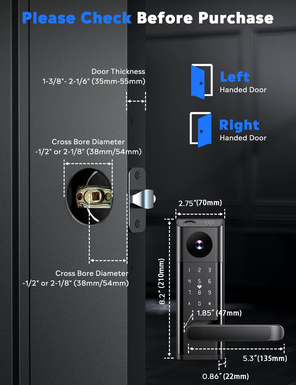 CAMCAMP WiFi Video Smart Lock with Camera & Doorbell, Keyless Entry Door Lock with Handle for Front Door, Five Ways to Unlock Fingerprint, App, Key, Fob, Keypad, Auto Lock, Easy to Install