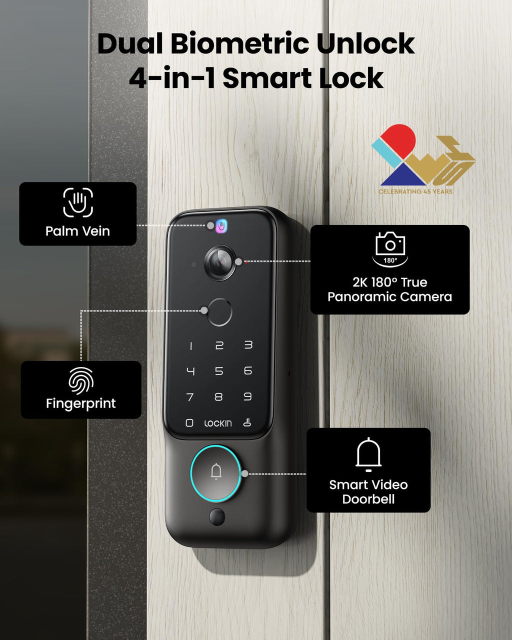 Smart Lock with Palm Vein & Fingerprint Keyless Entry, WiFi Built-in, Doorbell, App Remote Control